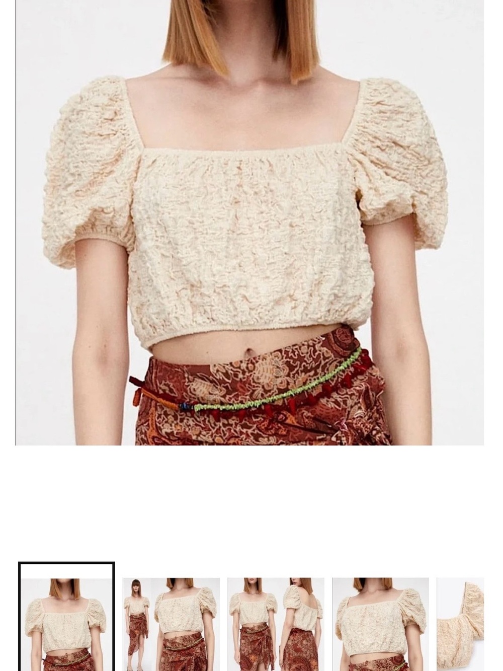 NWT ZARA Textured Square-Neck Puff Sleeve Crop Top - Cream